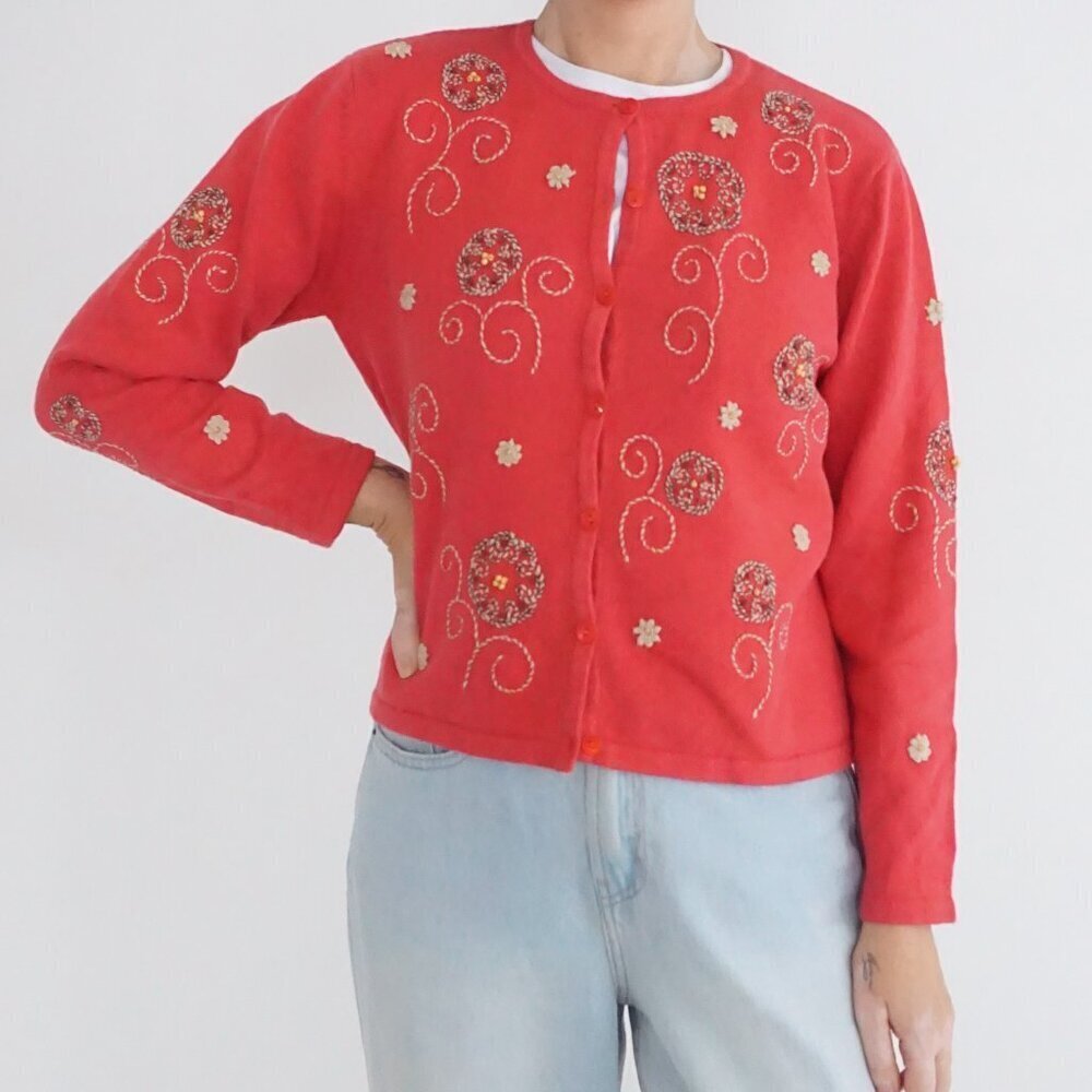 Vintage Talbots Red Floral Embroidered Button Front Knit Cardigan Sweater MP